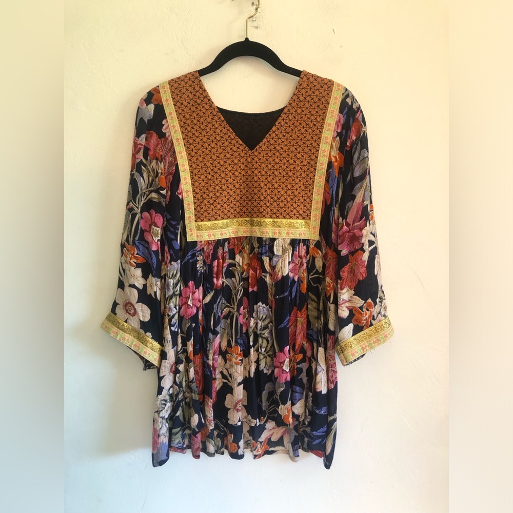 Rd + Koko Anthropologie Top Blouse Large Boho Peasant Babydoll Metallic Trim